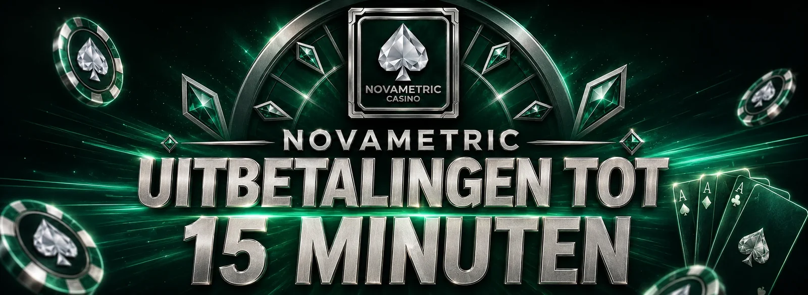 Novametric Casino banner met een facetgeslepen zilveren schoppen-embleem op een smaragdgroen veld en de tekst 200 gratis spins